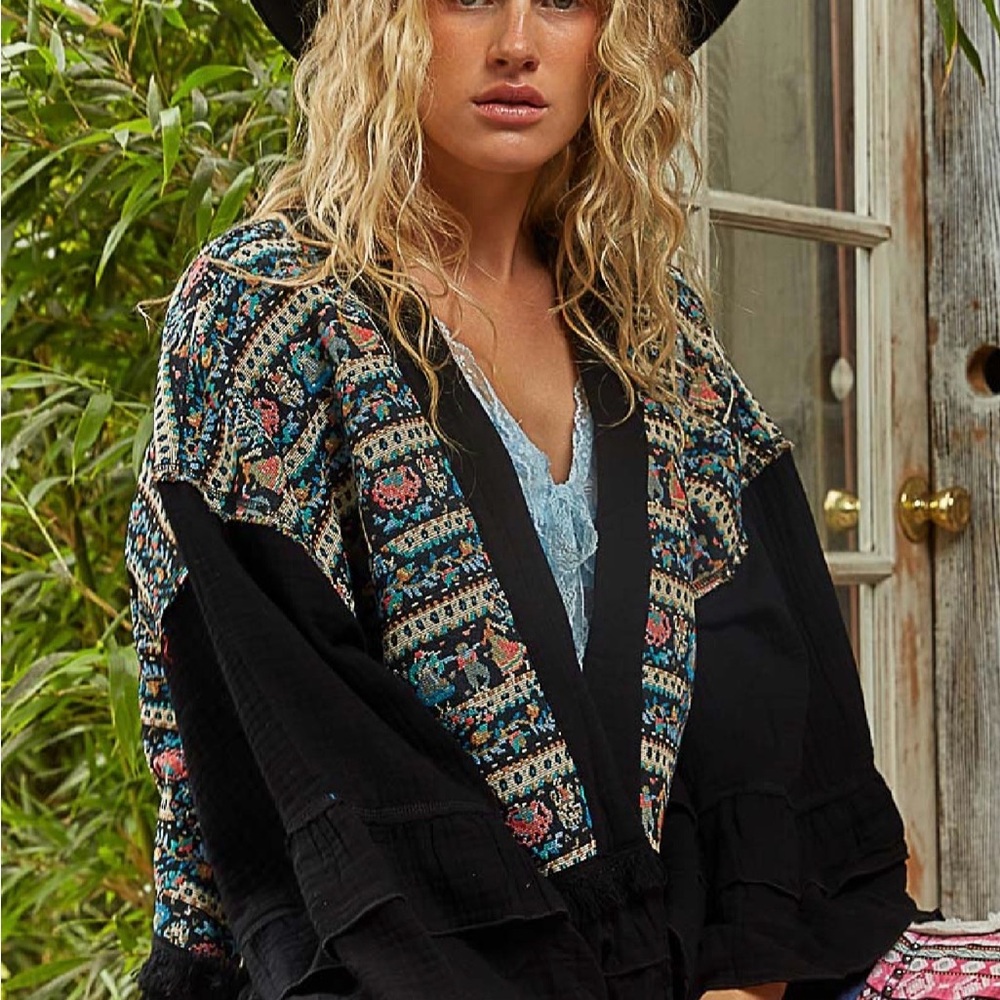 POL Black Cardigan with Multicolor Embroidered Panels